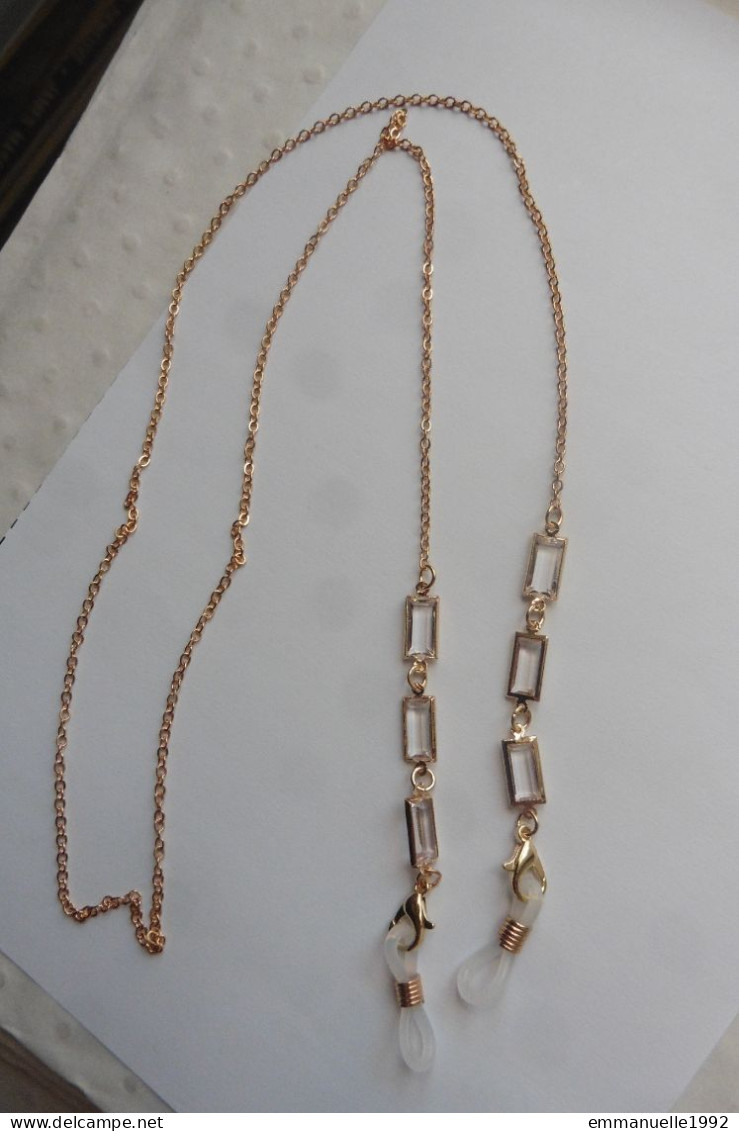 Cordon Chaine à Lunettes En Métal Doré Et Cristaux Blanc Transparent En Rectangle Fantaisie - Necklaces/Chains