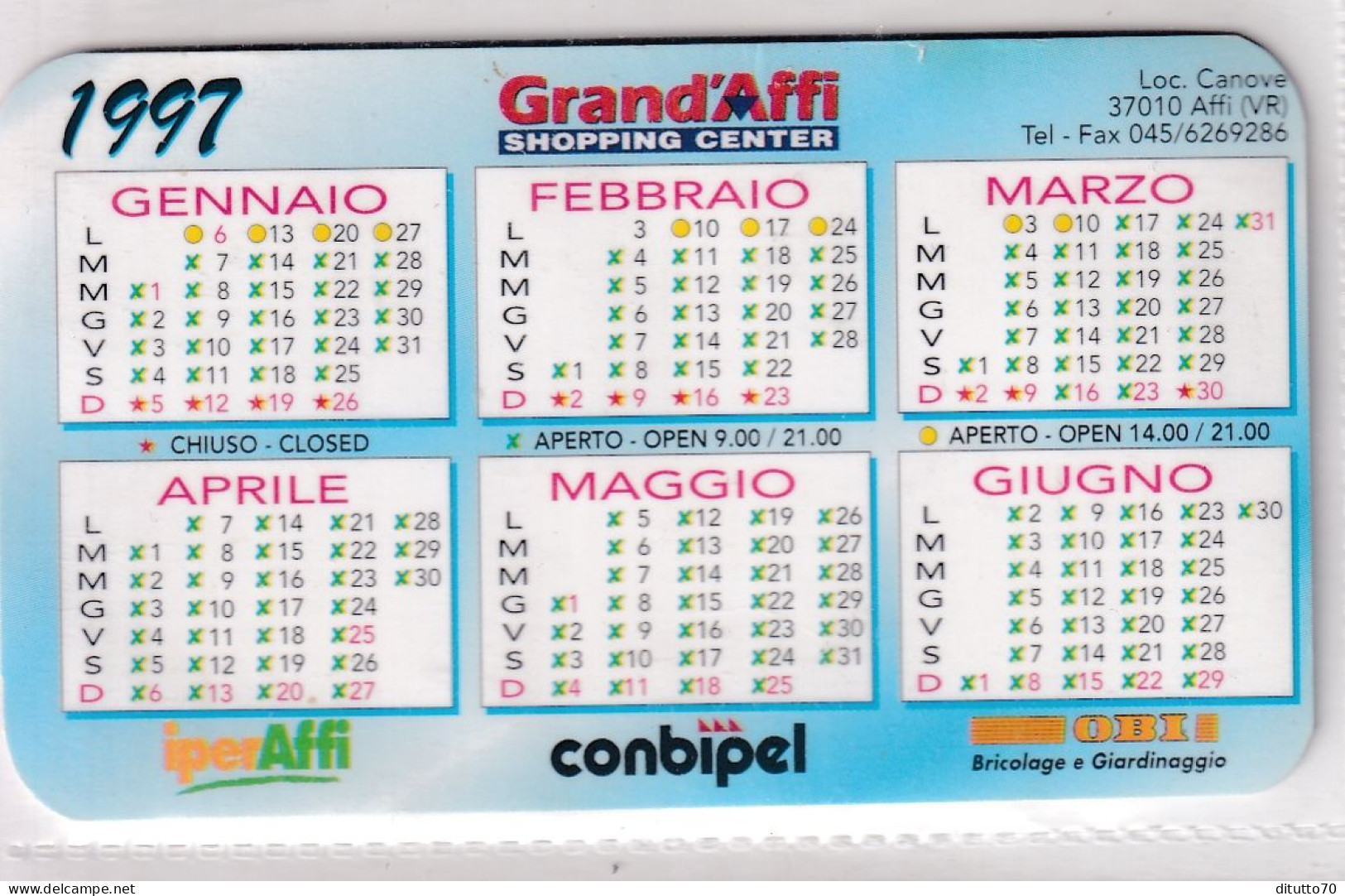 Calendarietto - Grand'affi - Shopping Center - Affi - Verona - Anno 1997 - Formato Piccolo : 1991-00