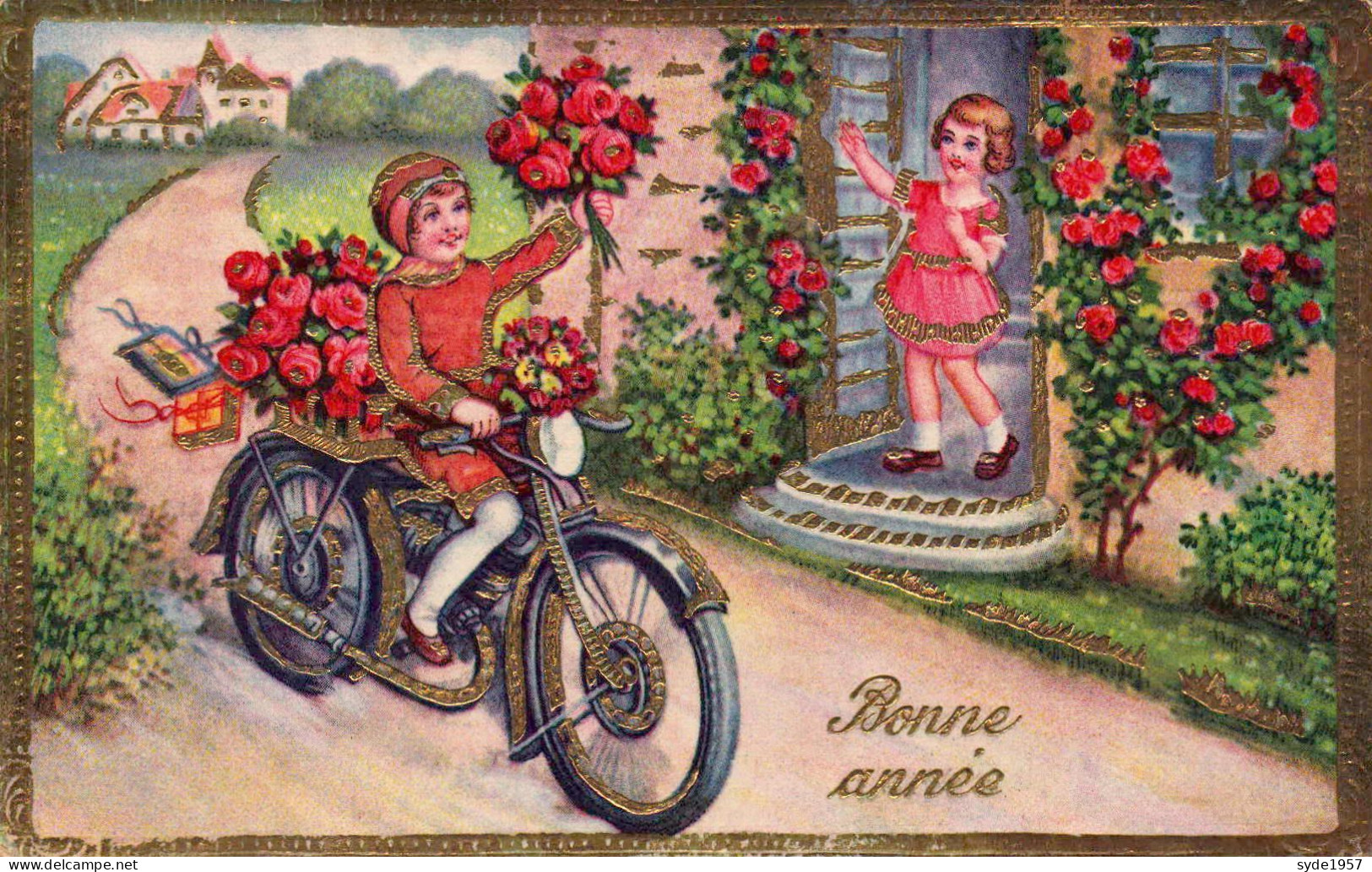 Bonne Année - Enfant, Motocyclette, Roses,  Dorure  édition ROLKAT - Nieuwjaar