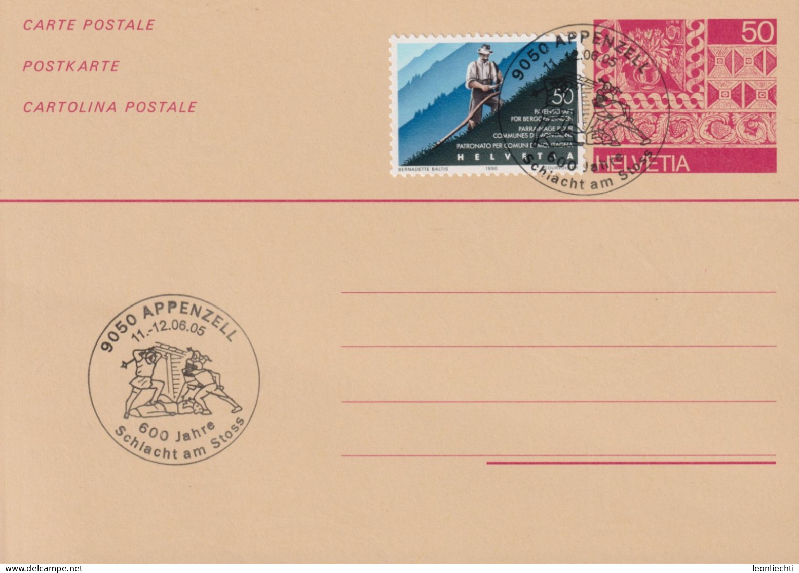 1984/2005, Postkarte 212a Ess 50 Cts Karmin + Zum:CH 787 Patengemeinde ⵙ 9050 Appenzell, 600 Jahre Schlacht Am Stoss - Ganzsachen