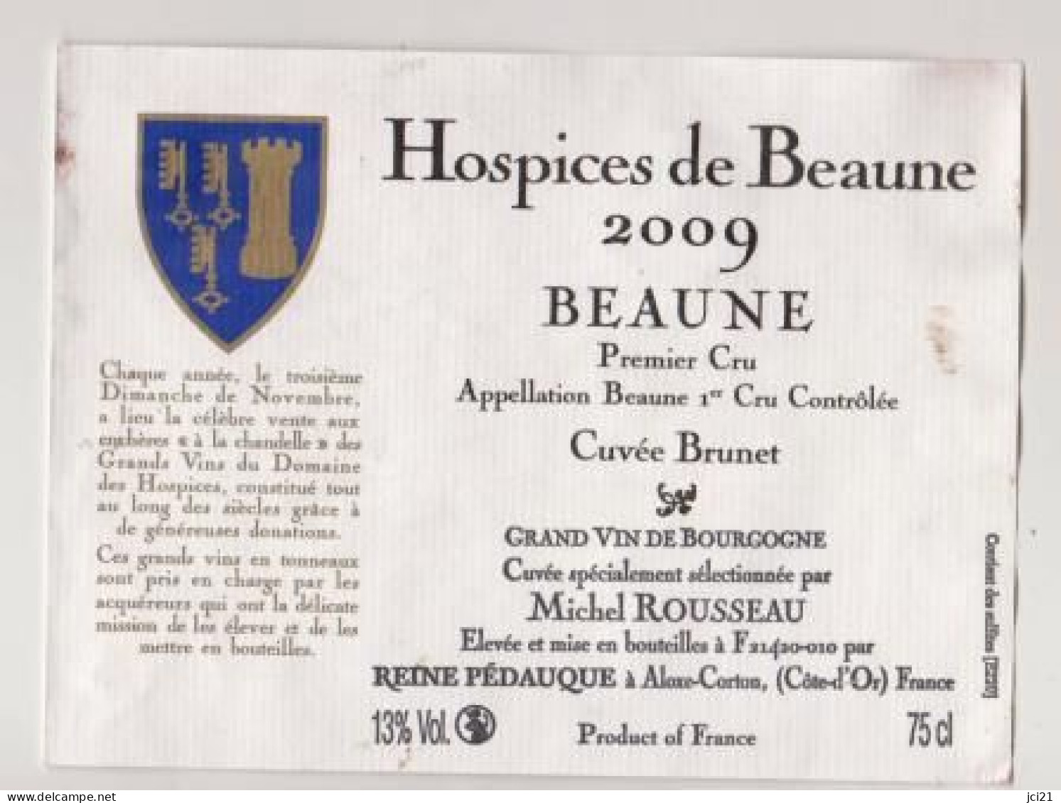 Etiquette HOSPICES DE BEAUNE " BEAUNE 1er Cru 2009 " Cuvée Brunet (3227)_ev664 - Bourgogne