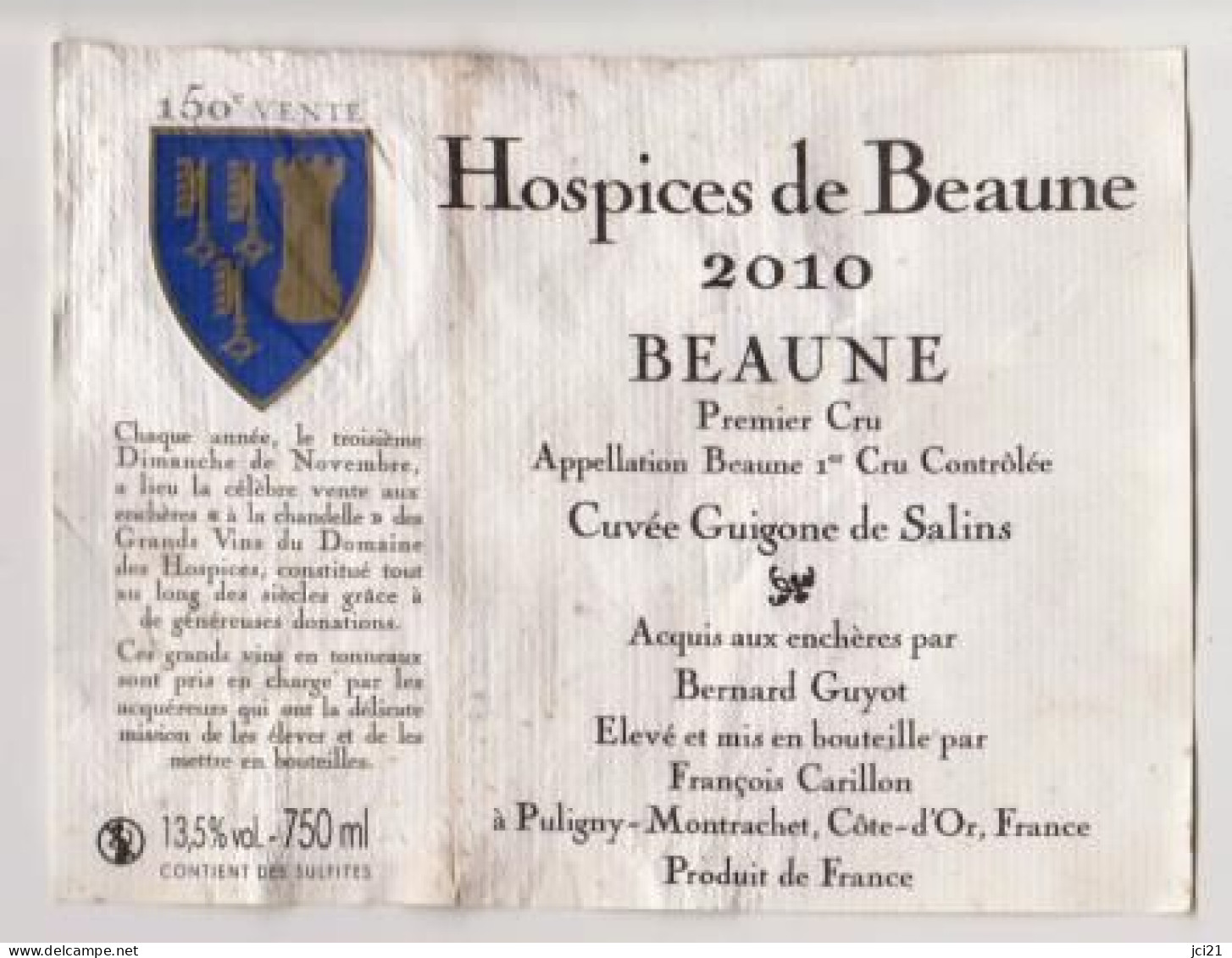 Etiquette HOSPICES DE BEAUNE " BEAUNE 1er Cru 2010 " Cuvée Guigogne De Salins (3229)_ev666 - Bourgogne