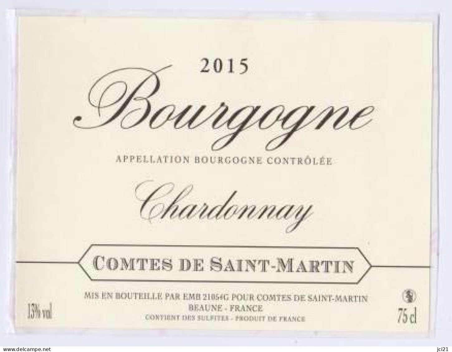 Étiquette " Bourgogne CHARDONNAY 2015 " Comtes De St Martin Beaune (2619)_ev289 - Bourgogne