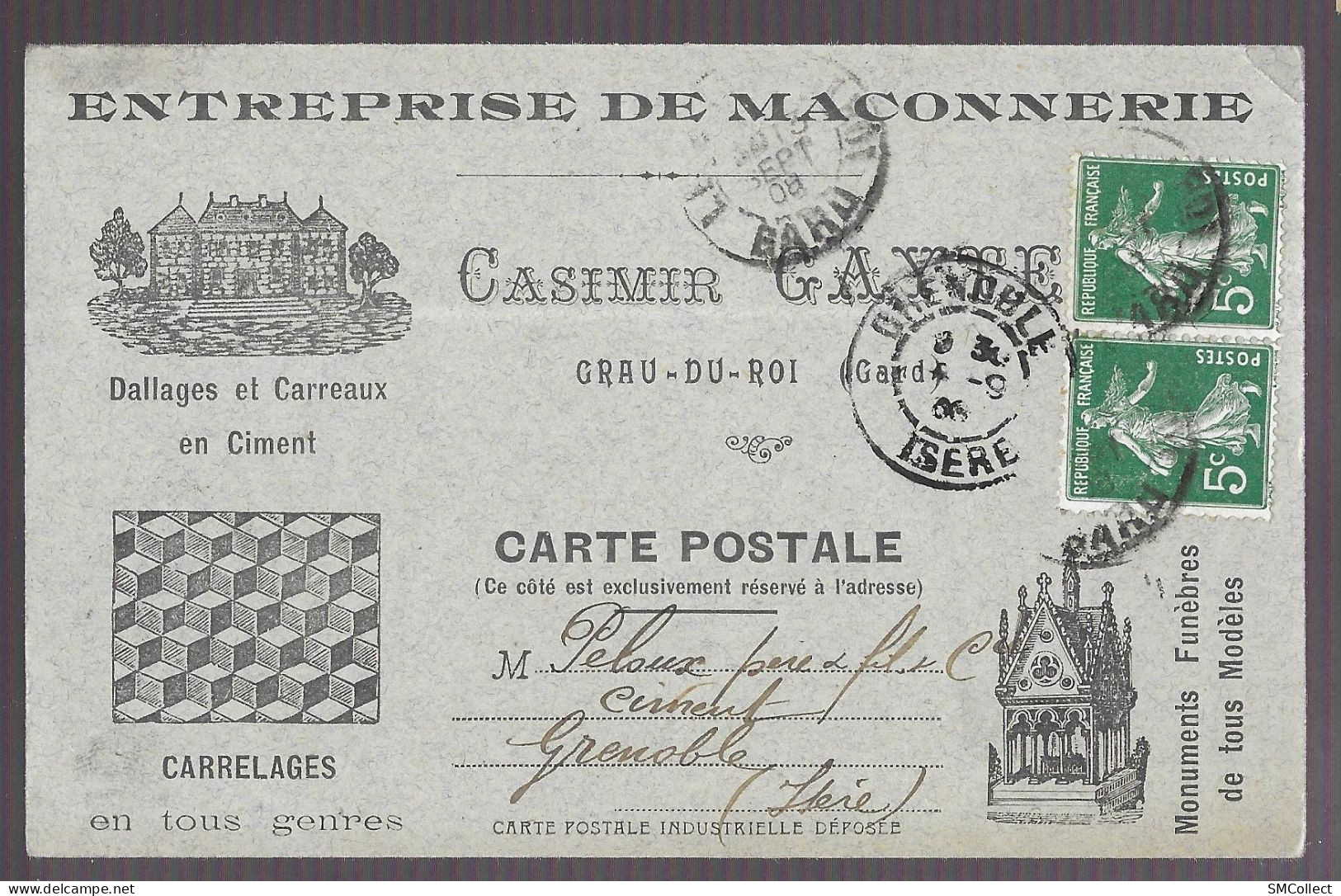Le Grau Du Roi. Carte Postale Publicitaire Illustrée De L'entreprise De Maçonnerie Casimir Gayte Circulée 1908 (13750) - Advertising