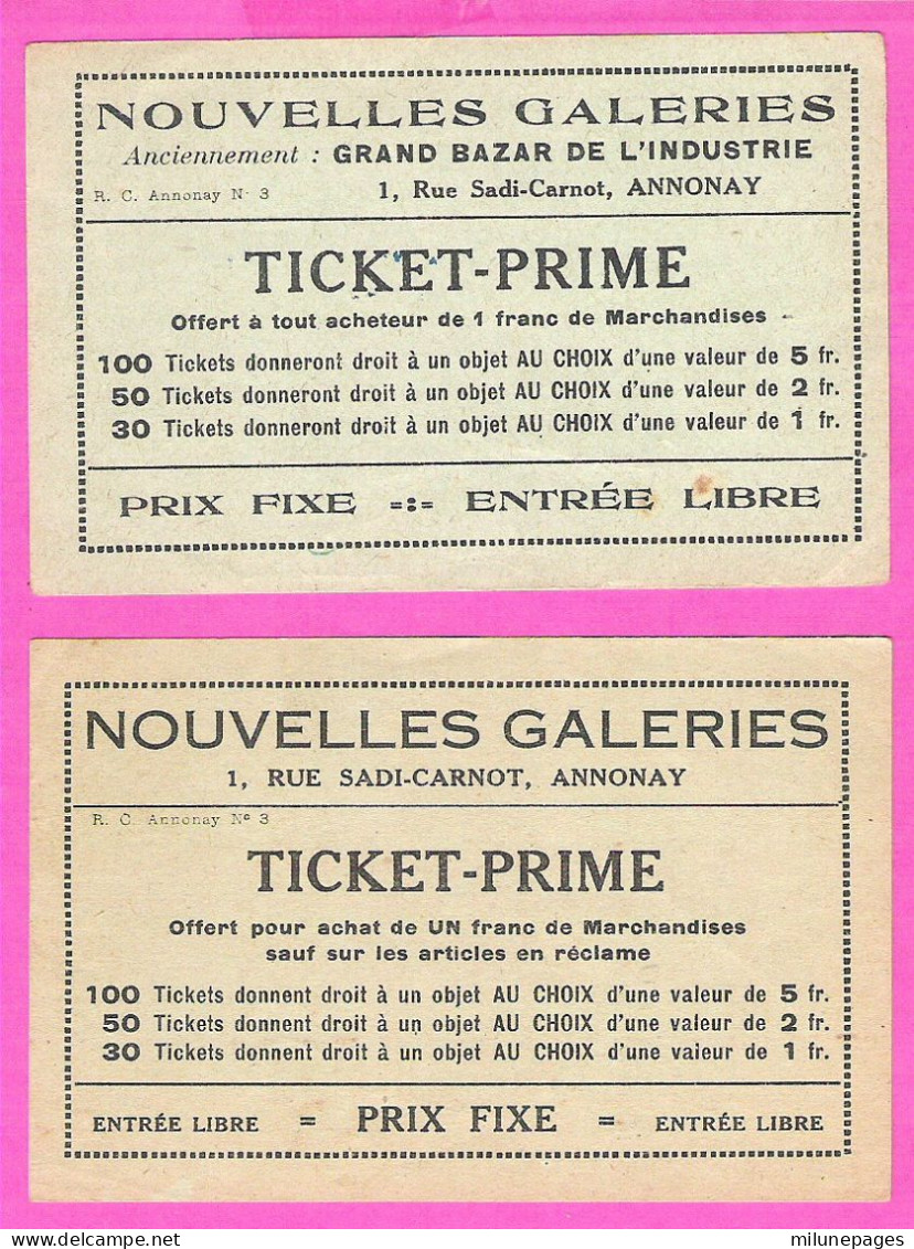 Lot 2 Ticket Prime Des Nouvelles Galeries D' Annonay En Ardèche Grand Bazar De L'Industrie E.Silvestre - Alimentare