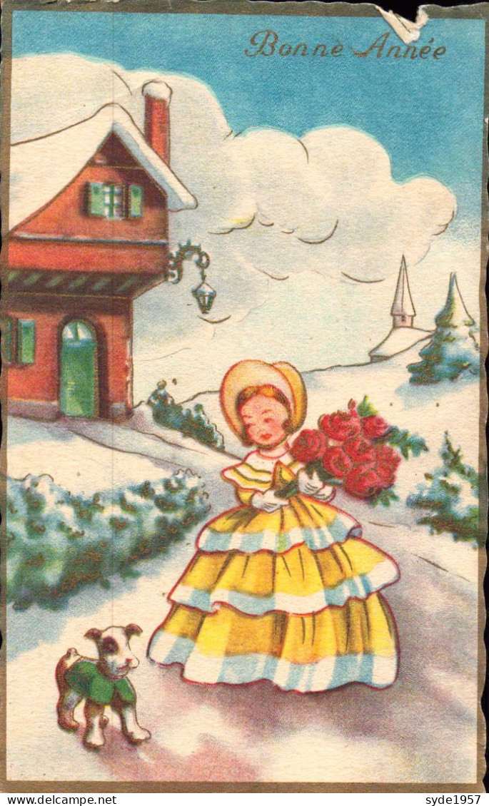 Bonne Année - Illustration Jeune Fille En Robe, Avec Chien Et Bouquet De Roses - Nieuwjaar