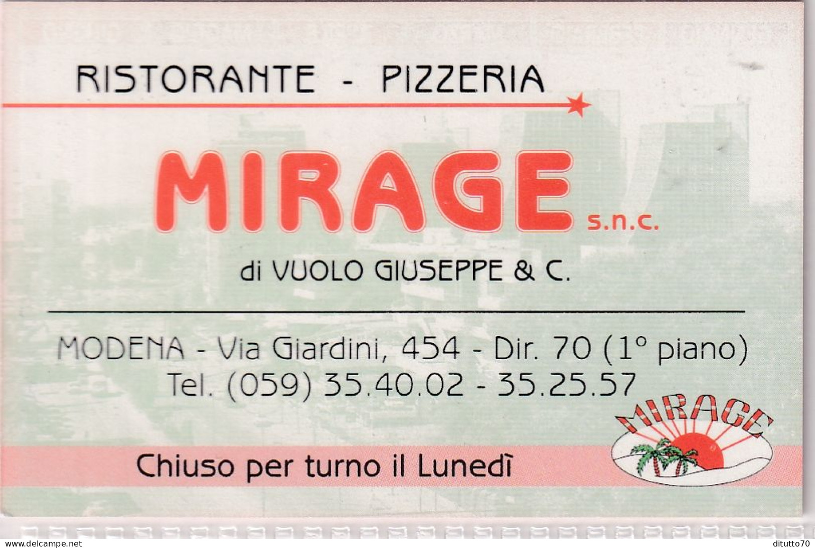 Calendarietto - Mirage - Ristorante - Pizzeria - Modena - Anno 1998 - Formato Piccolo : 1991-00