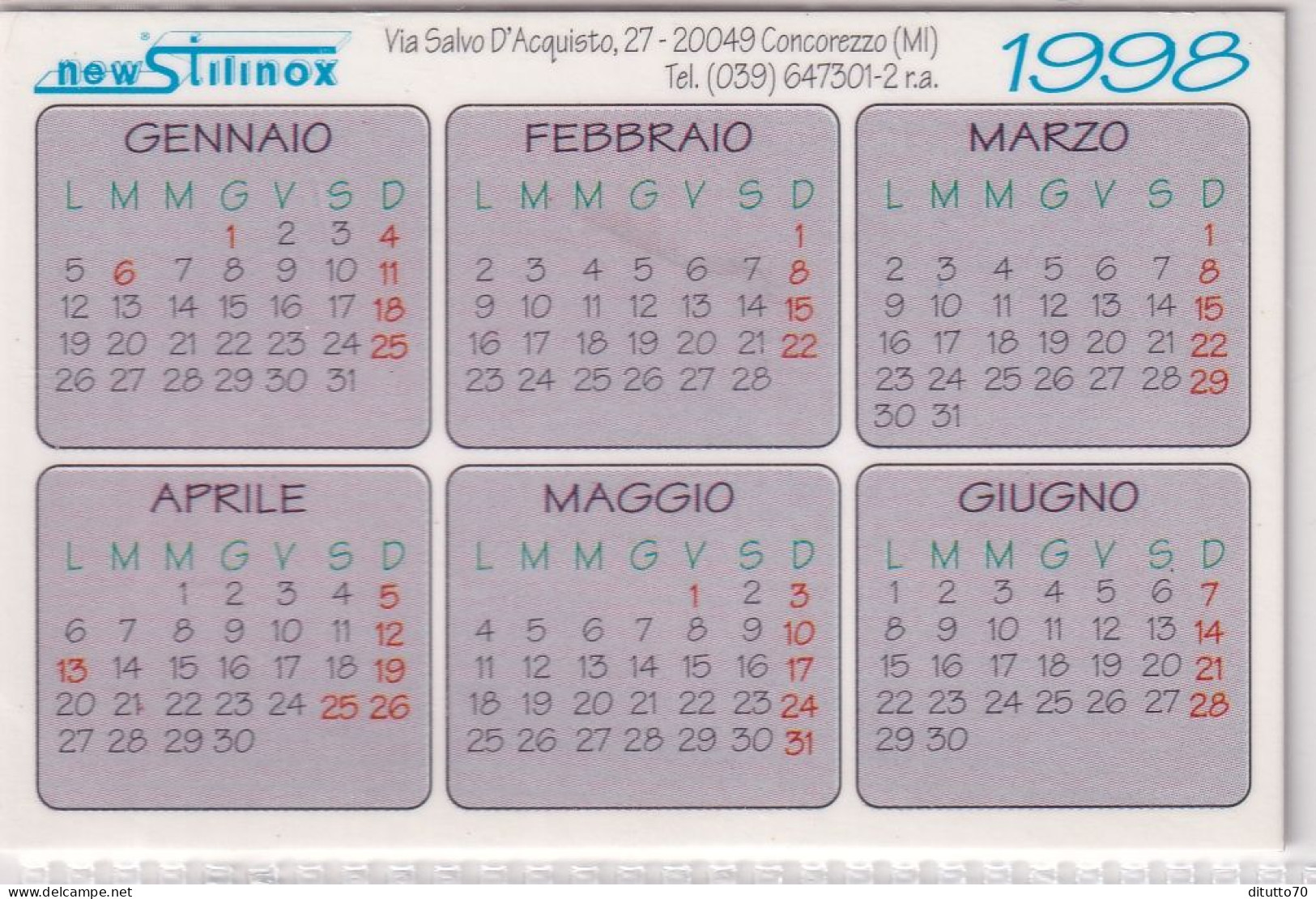 Calendarietto - New Stilinnox - Concorezzo - Anno 1998 - Petit Format : 1991-00