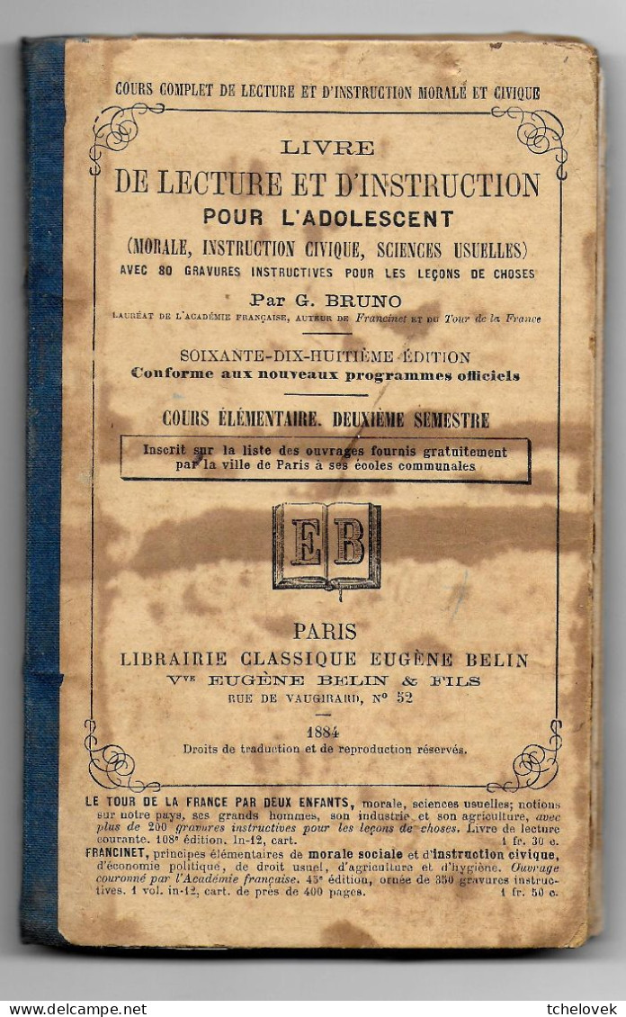 (Livres). Livre De Lecture Et D'instruction De L'adolescent. 1884 - 1801-1900