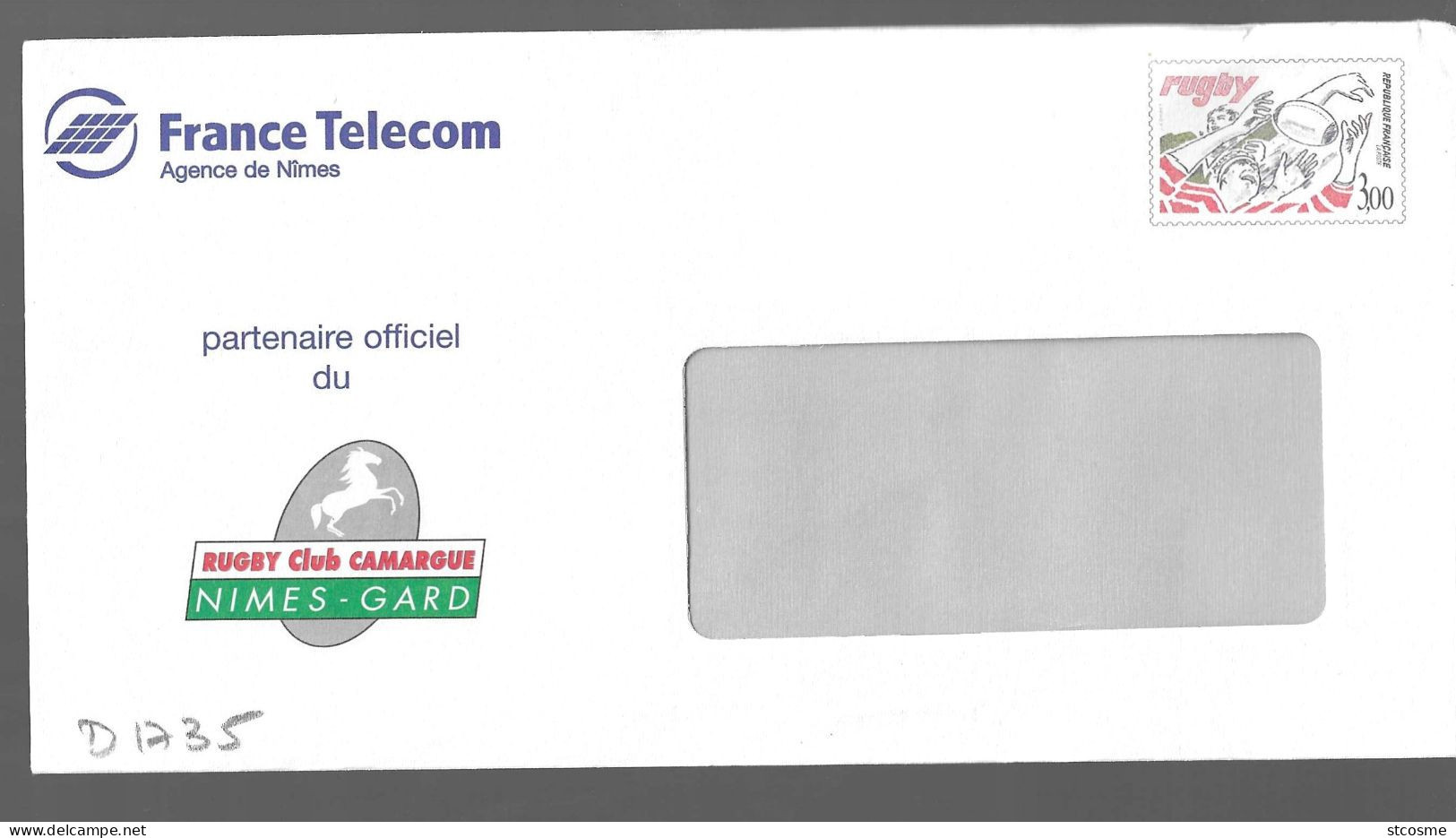 D1735 Entier Postal / Postal Stationnery / PSE - PAP Rugby - Repiquage France Télécom De Nîmes, Rugby Club Camargue - PAP: Private Aufdrucke