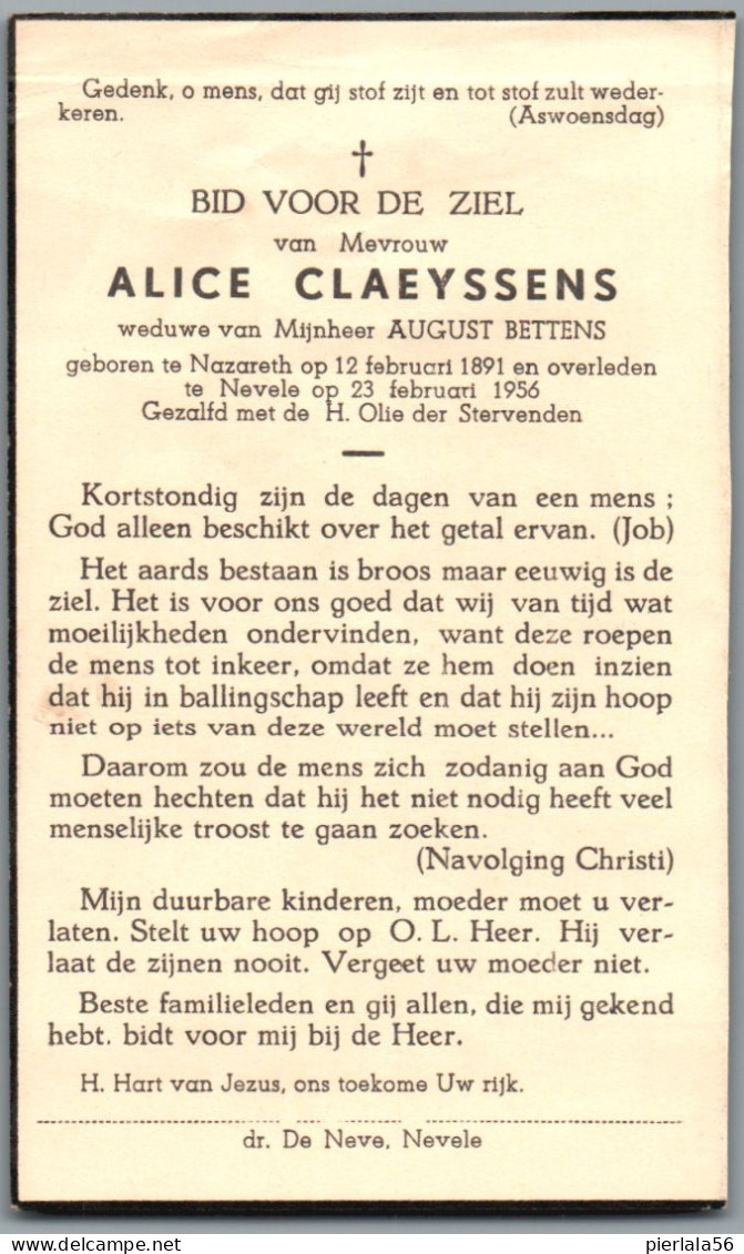 Bidprentje Nazareth - Claeyssens Alice (1891-1956) 1/2?? - Devotieprenten