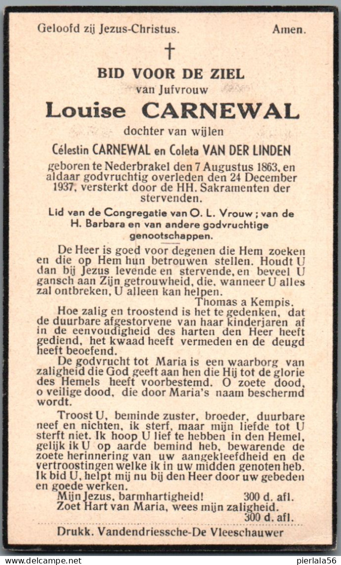 Bidprentje Nederbrakel - Carnewal Louise (1863-1937) - Images Religieuses