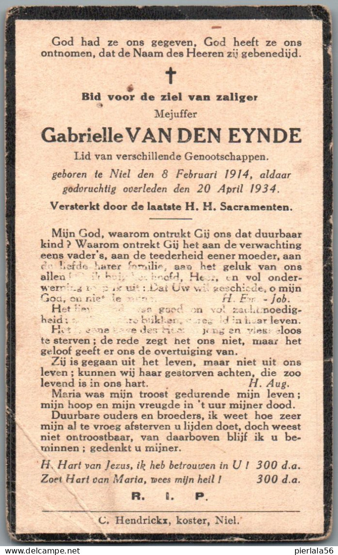 Bidprentje Niel - Van Den Eynde Gabrielle (1914-1934) - Devotieprenten