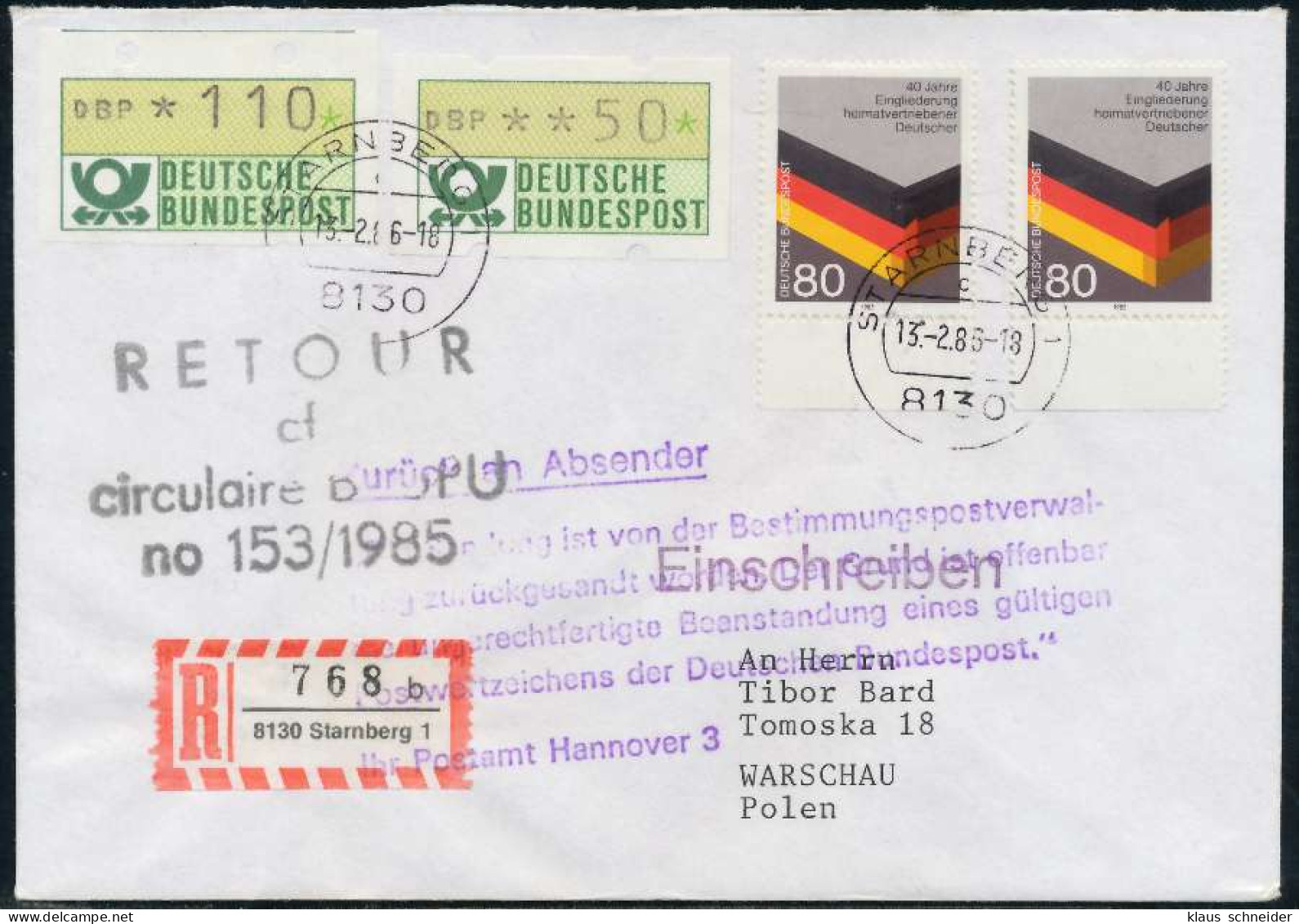 BRD ATM1-110 050 BRIEF MIF Nach POLEN RETOURE X7E45BA - Machine Labels [ATM]