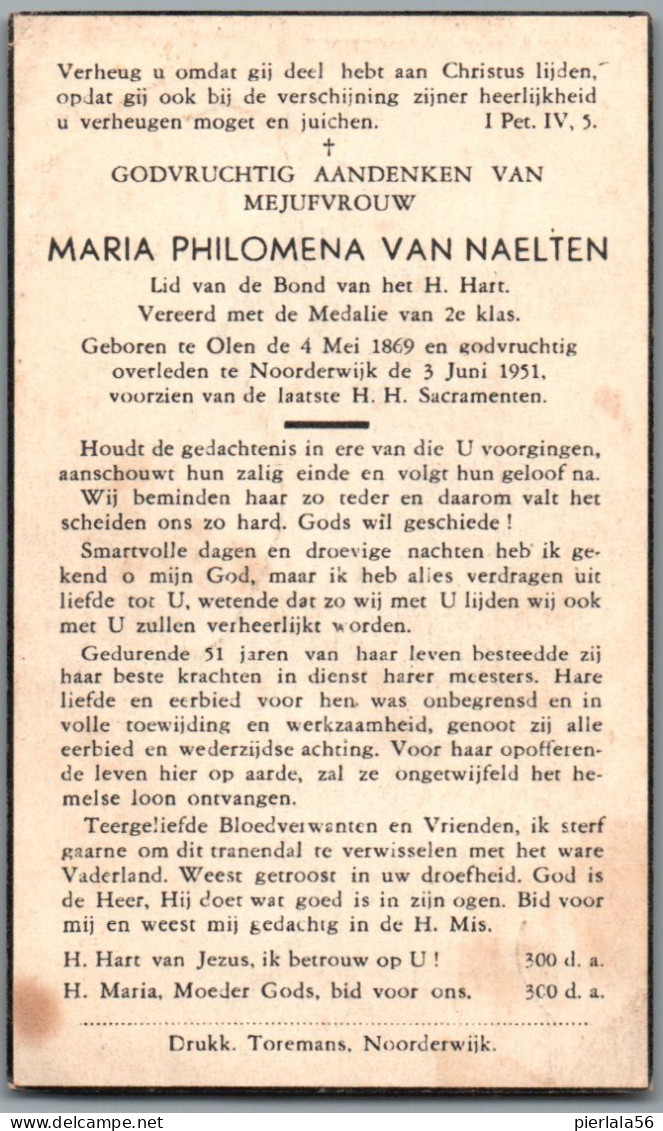 Bidprentje Olen - Van Naelten Maria Philomena (1869-1951) - Devotieprenten