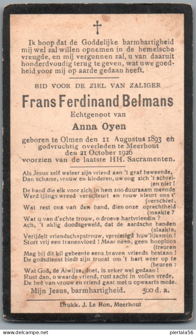 Bidprentje Olmen - Belmans Frans Ferdinand (1893-1926) - Devotion Images