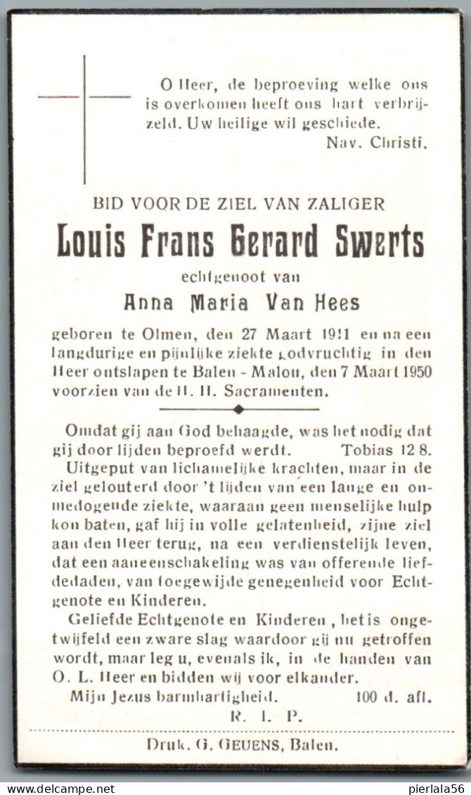 Bidprentje Olmen - Swerts Louis Frans Gerard (1911-1950) - Devotieprenten