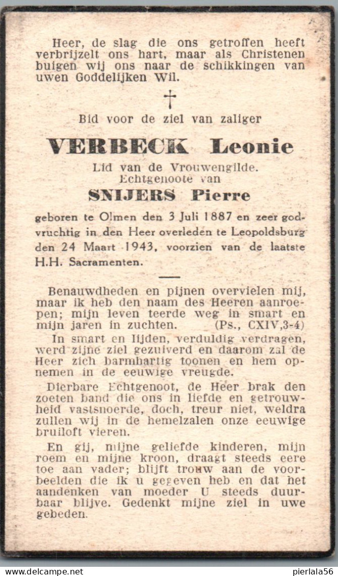 Bidprentje Olmen - Verbeck Leonie (1887-1943) - Imágenes Religiosas