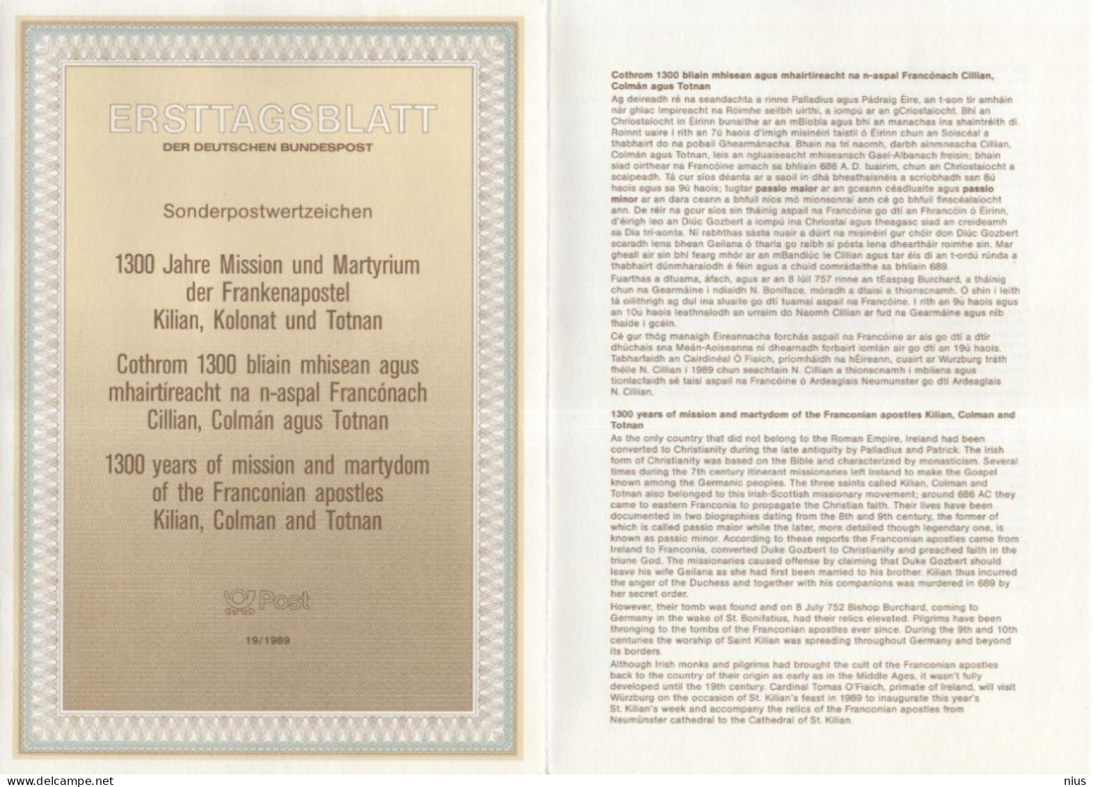 Germany Ireland Eire 1989-19 Mission & Martyrium Der Frankenapostel Kilian Kolonat Totnan, Bonn, Baile Atha Cliath - 1981-1990