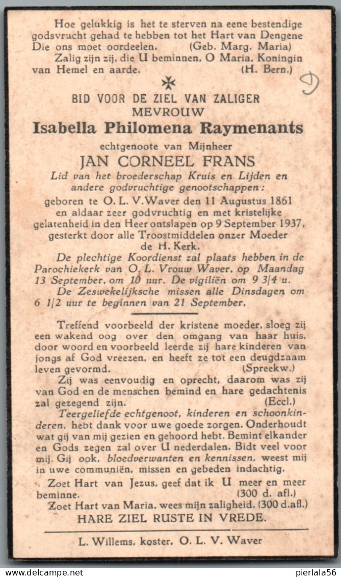 Bidprentje OLV-Waver - Raymenants Isabella Philomena (1861-1937) - Devotieprenten