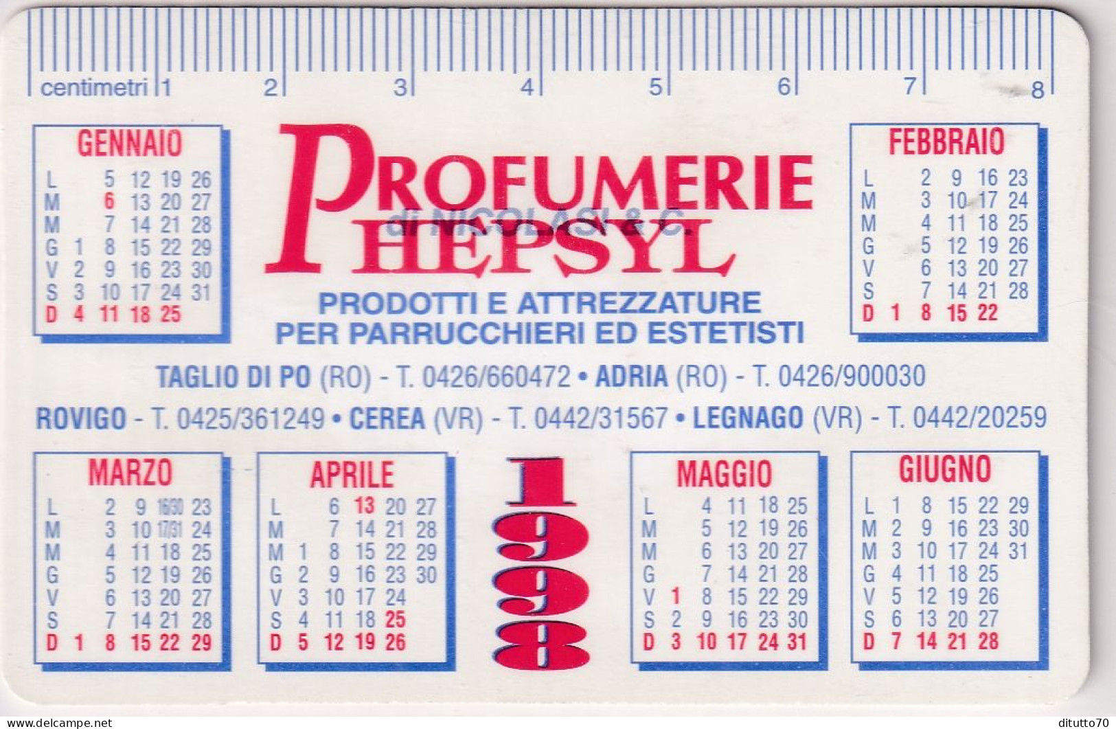 Calendarietto - Profumeria Hepsyl - Anno 1998 - Klein Formaat: 1991-00