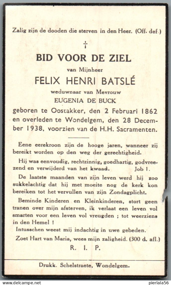 Bidprentje Oostakker - Batslé Felix Henri (1862-1938) - Devotieprenten