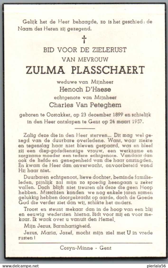 Bidprentje Oostakker - Plasschaert Zulma (1899-1957) - Imágenes Religiosas