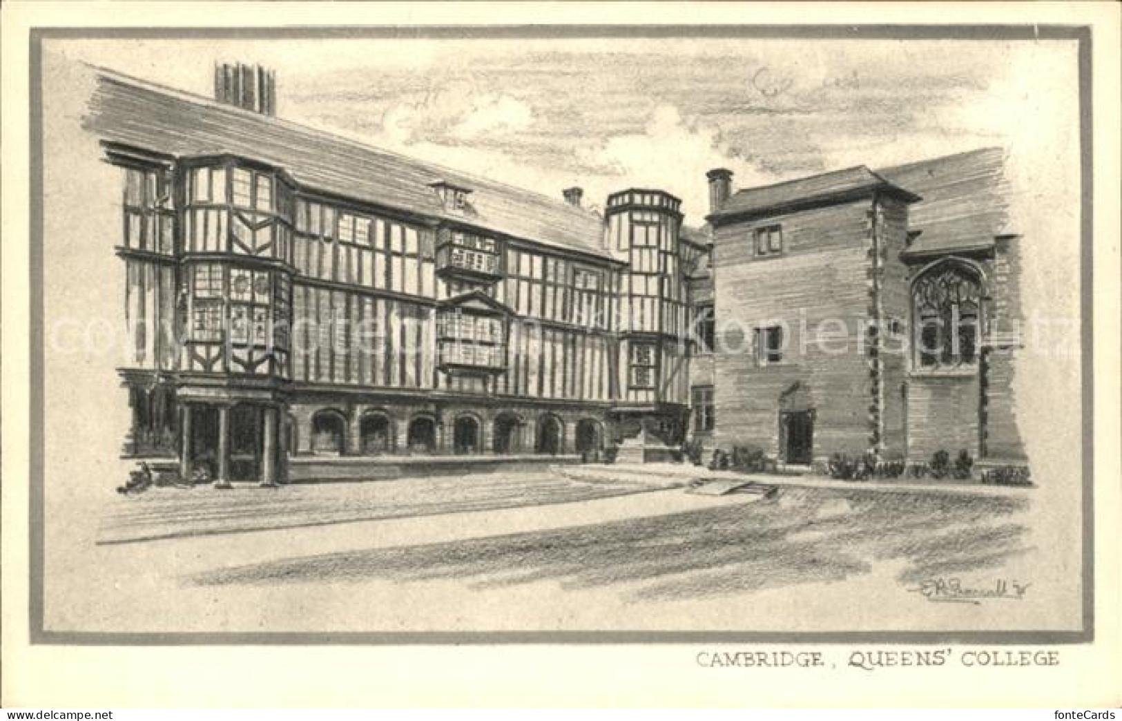11777381 Cambridge Cambridgeshire Queens College Drawing Kuenstlerkarte Cambridg - Autres & Non Classés