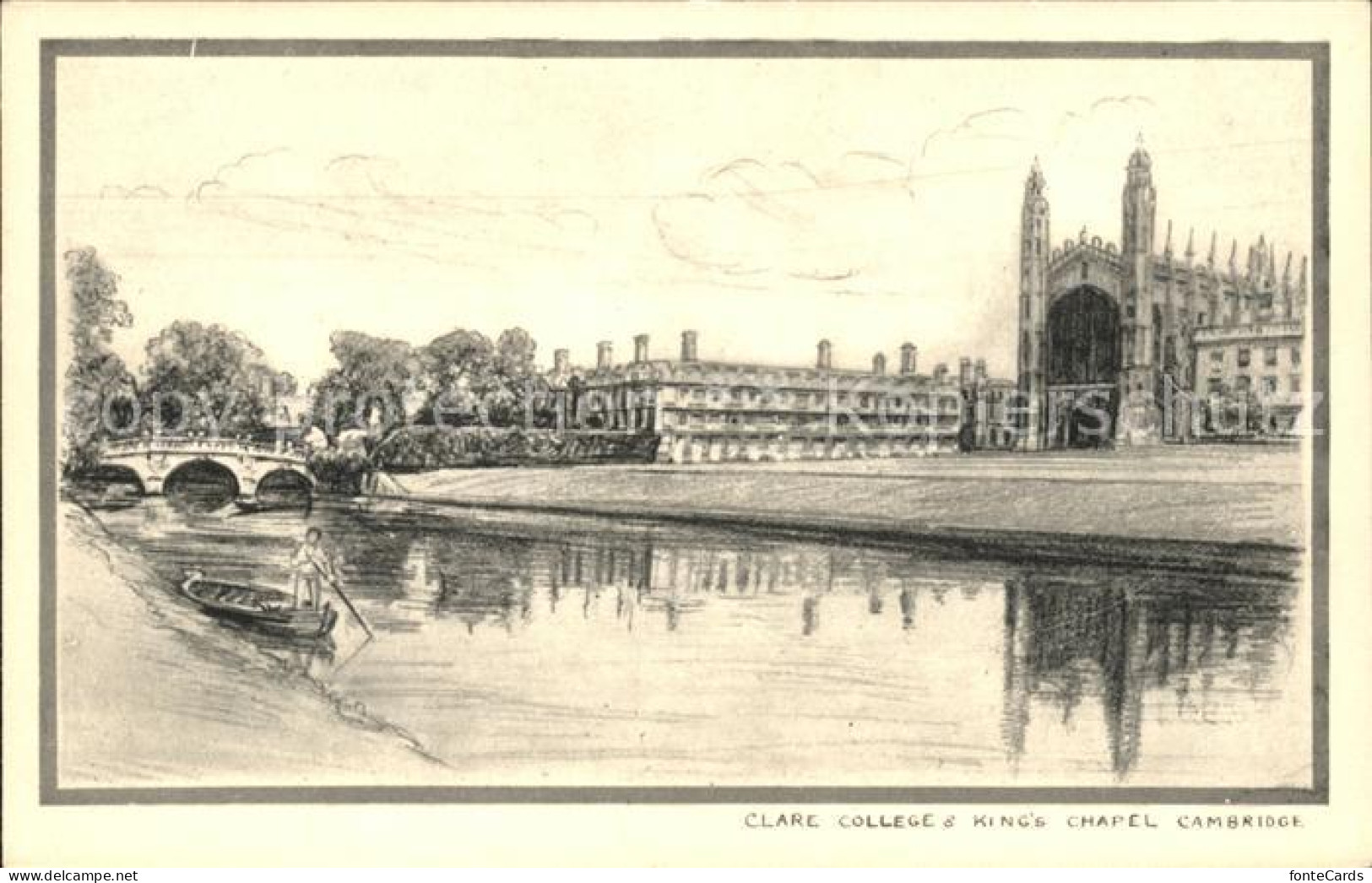 11777373 Cambridge Cambridgeshire Clare College And King's Chapel Drawing Kuenst - Autres & Non Classés