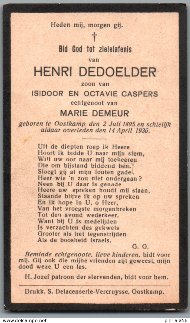Bidprentje Oostkamp - Dedoelder Henri (1895-1936) - Devotieprenten