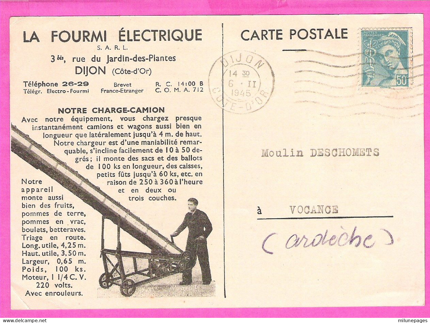 21 Côte D'Or Carte Publicitaire Pour La Fourmi électrique à Dijon Charge Camion Et Monte Charge Agricole 1945 - Dijon