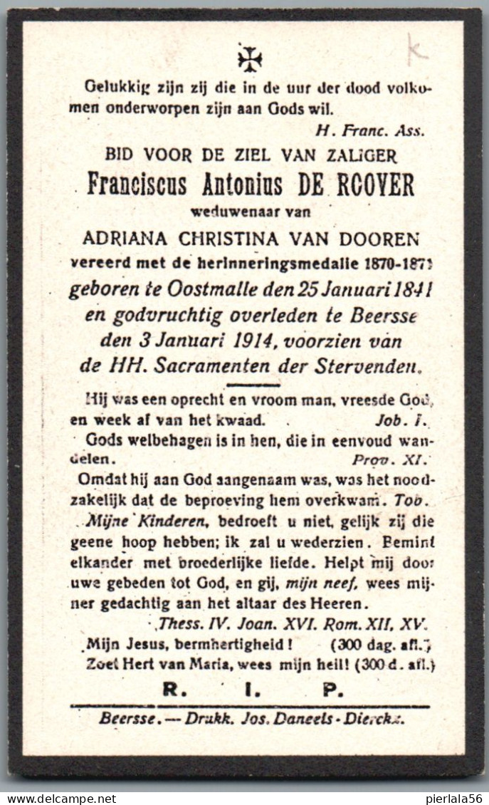 Bidprentje Oostmalle - De Roover Franciscus Antonius (1841-1914) - Devotieprenten