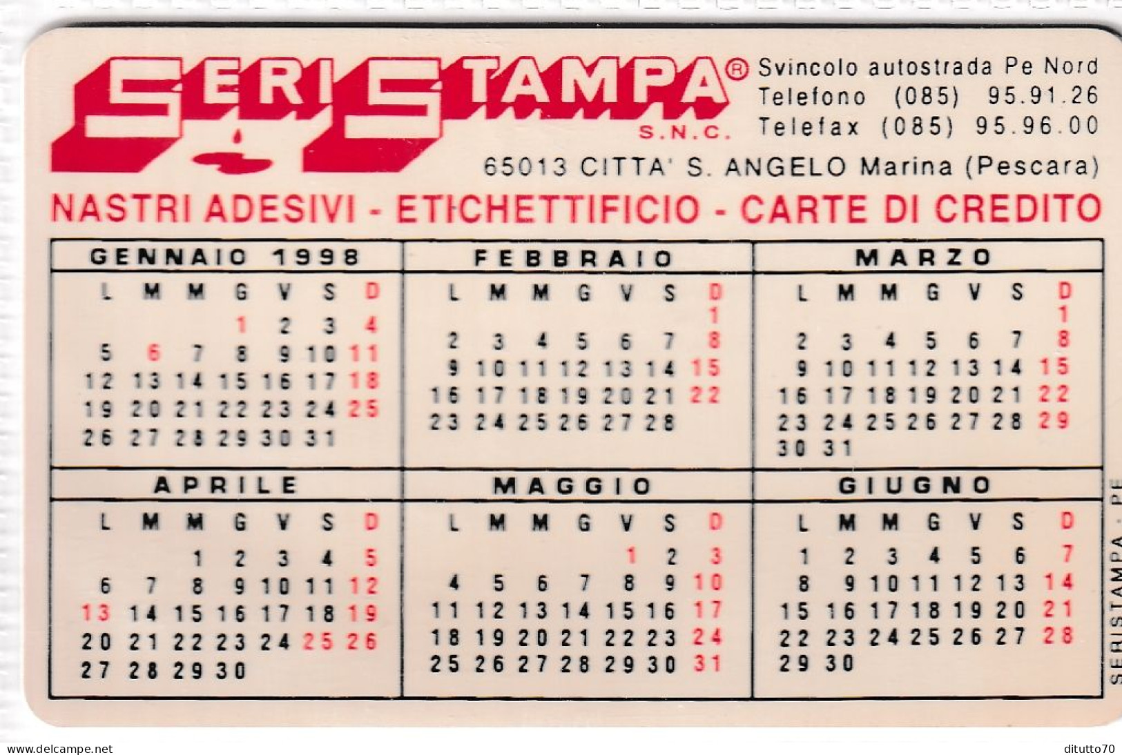 Calendarietto - Seri Stampa - Citta S.angelo Maria - Pescara - Anno 1998 - Small : 1991-00