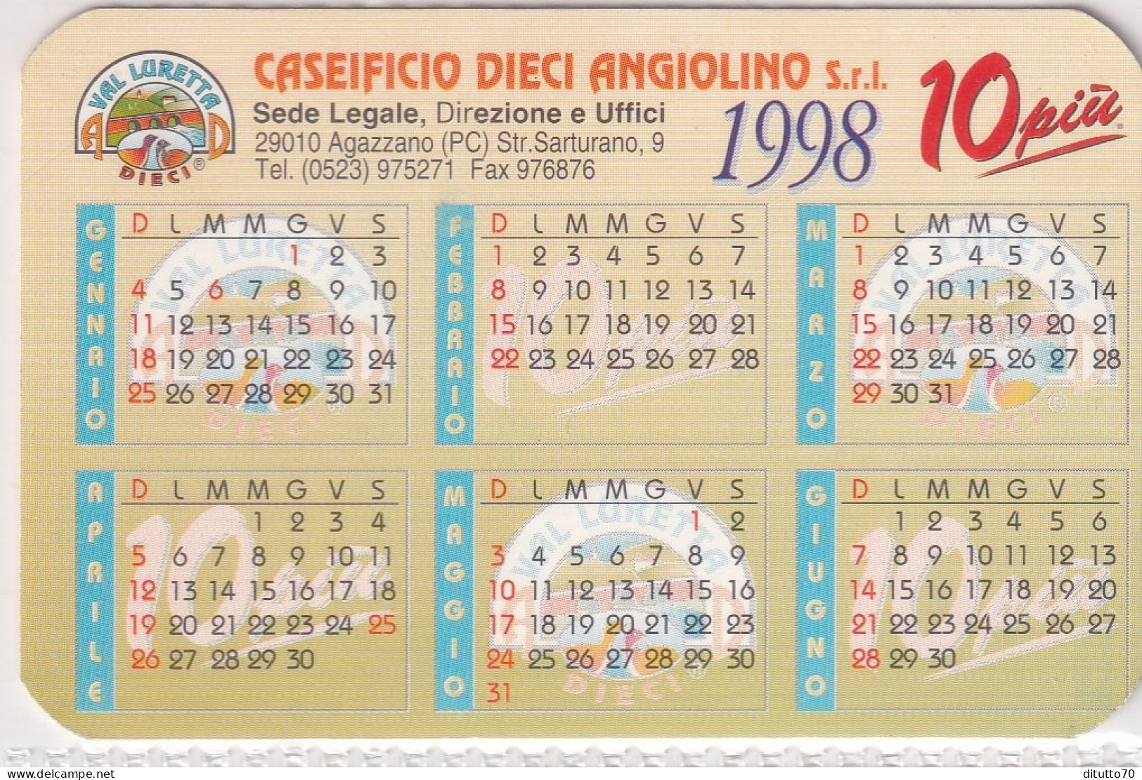 Calendarietto - Val Luretta - Caseificio Dieci Angiolino - Agazzano - Anno 1998 - Petit Format : 1991-00