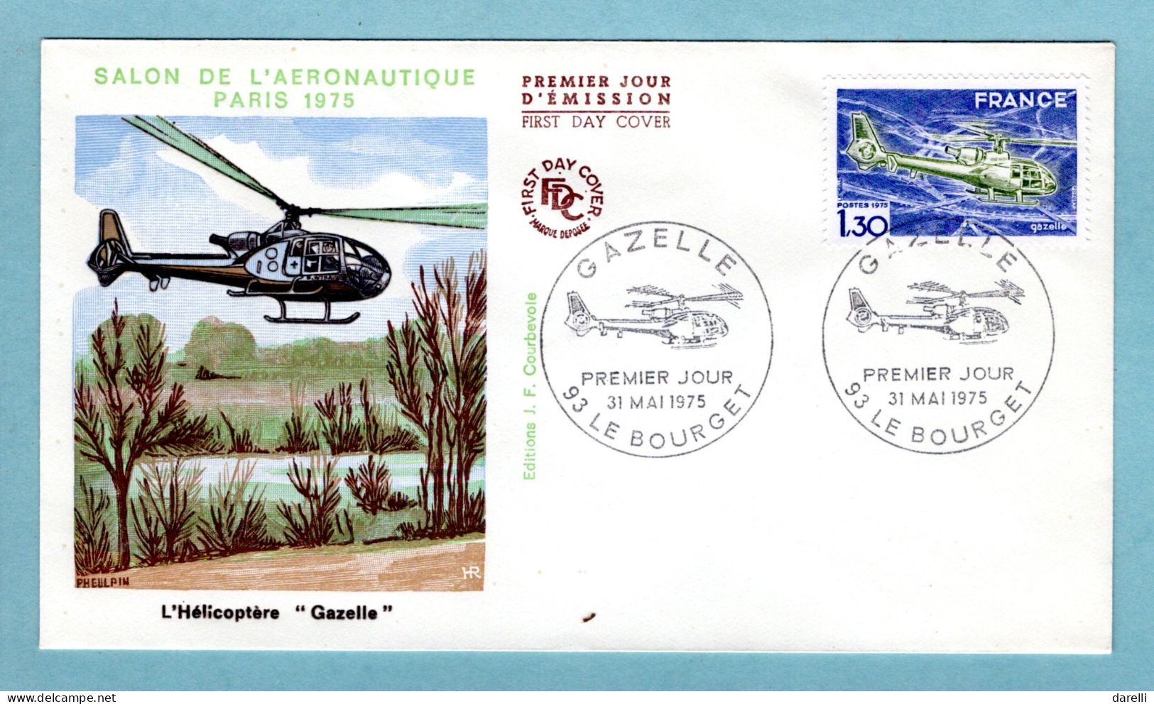 FDC France 1975 - Hélicoptère Gazelle - YT 1805 - 93 Le Bourget - 1970-1979