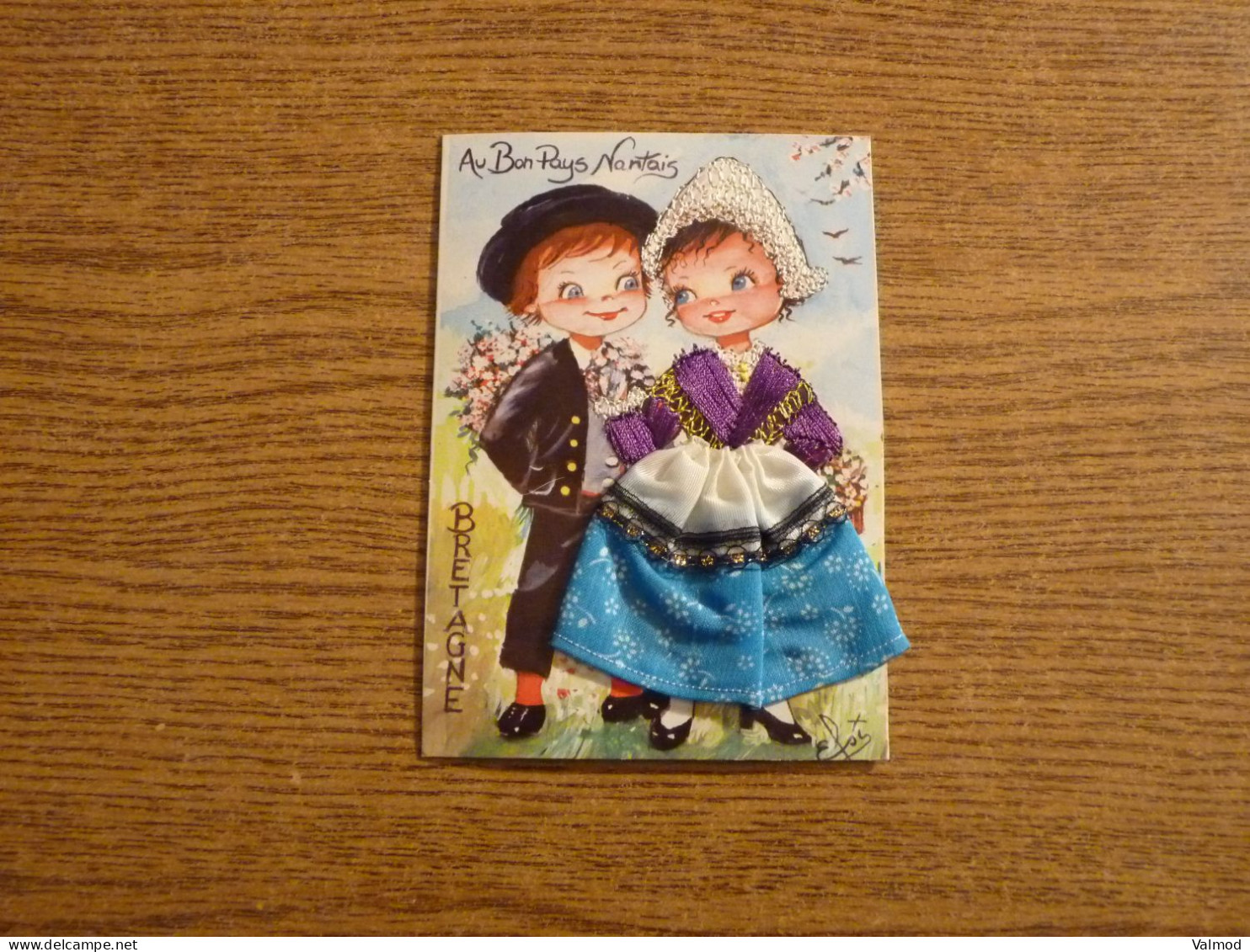 Carte Brodée "Au Bon Pays Nantais" - Jeune Couple - Jeune Femme Costume Brodé/Tissu- 10,5x14,8cm Env. - Embroidered