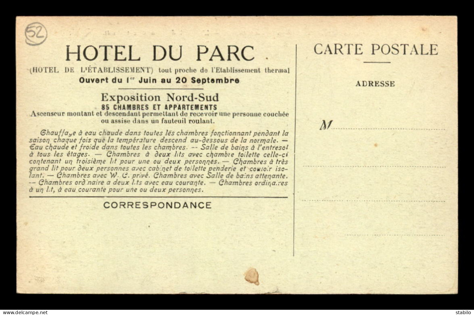 52 - BOURBONNE-LES-BAINS - HOTEL DU PARC - PUBLICITE AU VERSO - Bourbonne Les Bains