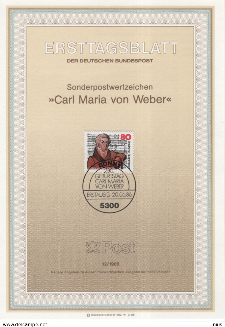 Germany Deutschland 1986-12 Carl Maria Von Weber, Music Musique Musik Composer Compositeur Komponist, Bonn - 1981-1990