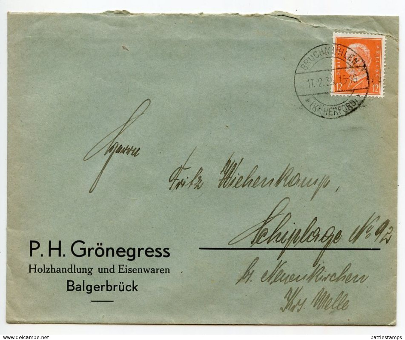 Germany 1933 Cover; Bruchmühlen (Kr. Herford) - P.H. Grönegress, Holzhandlung Und Eisenwaren;12pf. President Hindenburg - Lettres & Documents