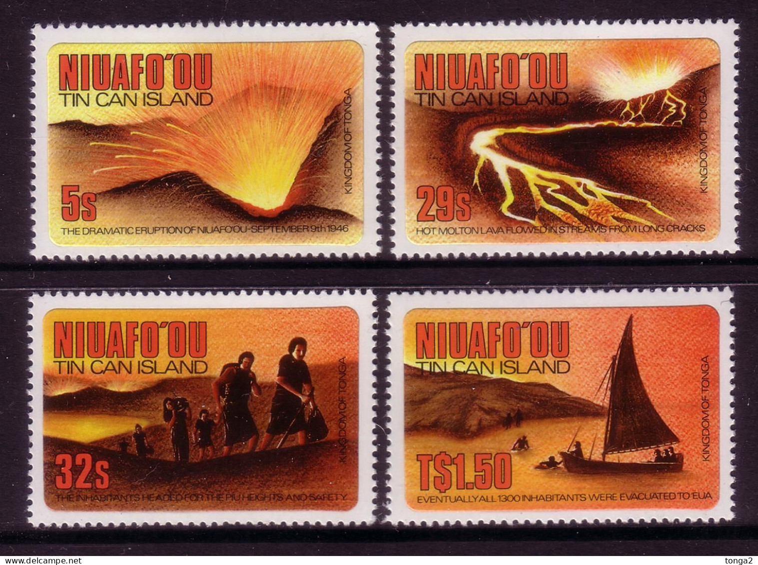 Tonga Niuafo'ou 1983 MNH Set - Shows Volcano Eruption & Islanders Evacuating Island In 1946 - Volcanos