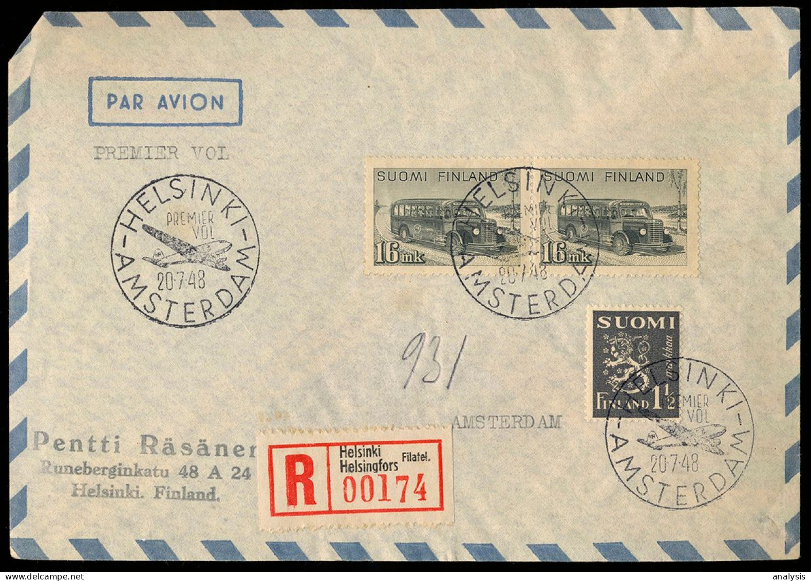 Finland First Flight Cover Helsinki - Amsterdam Netherlands 1948 - Covers & Documents