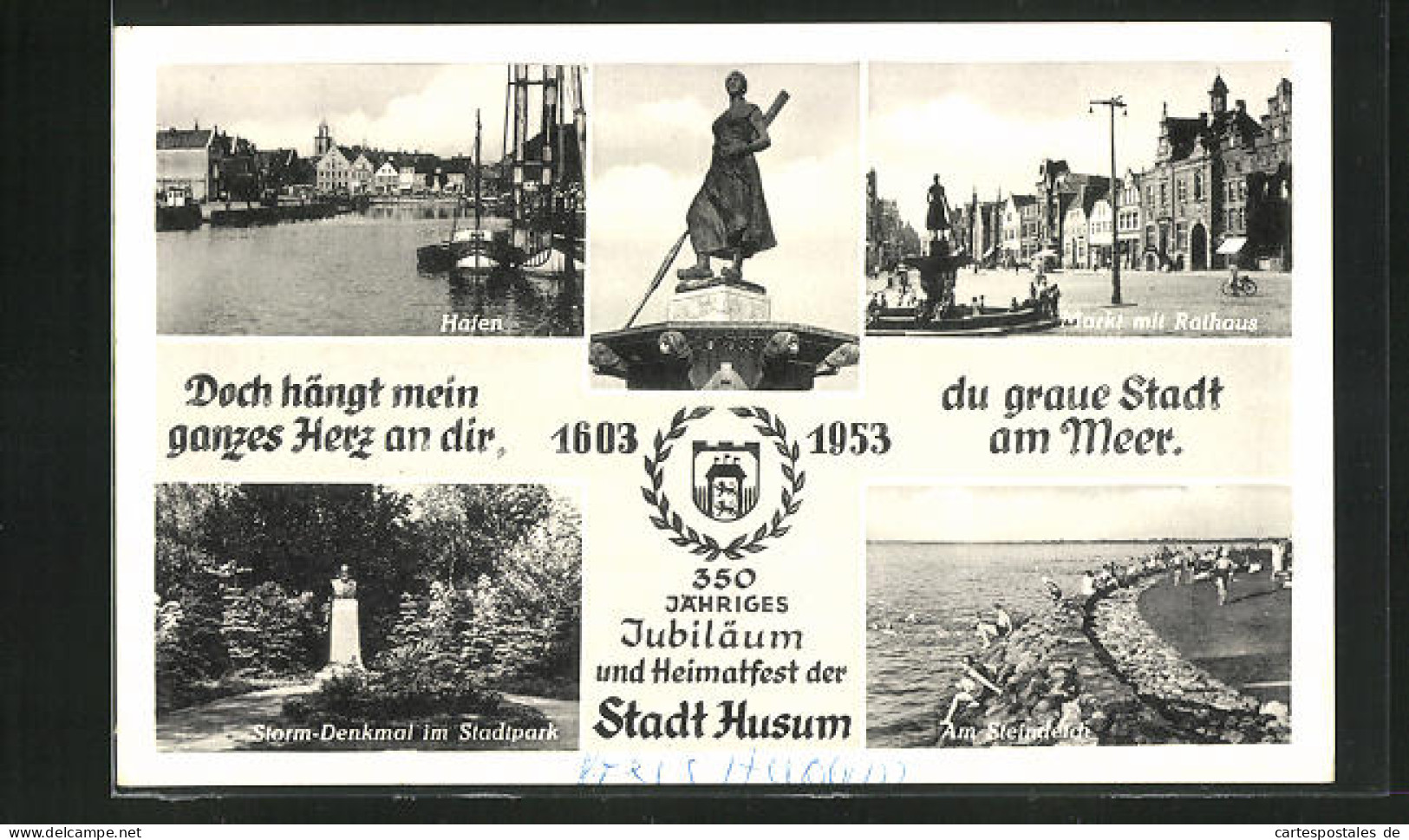 AK Husum, 350 Jähriges Jubiläum, Hafen, Markt Mit Brunnen Uns Storm-Denkmal Im Stadtpark  - Husum