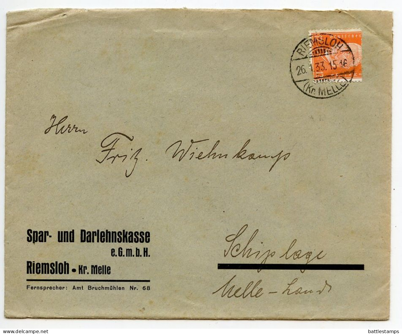 Germany 1933 Cover W/ Letter & Invoices; Riemsloh (Kr. Melle) - Spar-und Darlehnskasse;12pf. President Hindenburg - Covers & Documents