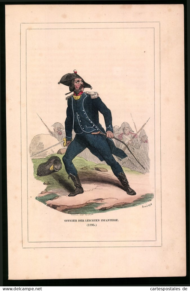 Holzstich Offizier Der Leichten Infanterie In Blauer Uniform 1795, Altkolorierter Holzstich Von Bellange Um 1843  - Disegni