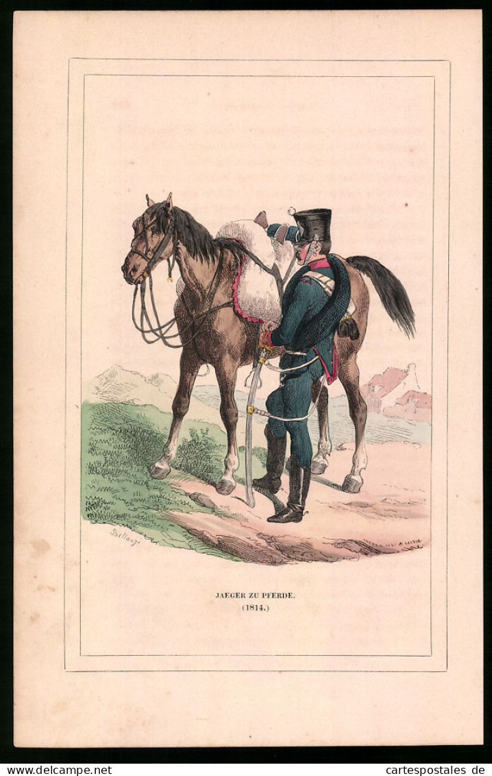 Holzstich Jäger Zu Pferde 1814, Altkolorierter Holzstich Von Bellange Um 1843, 16 X 24cm  - Zeichnungen