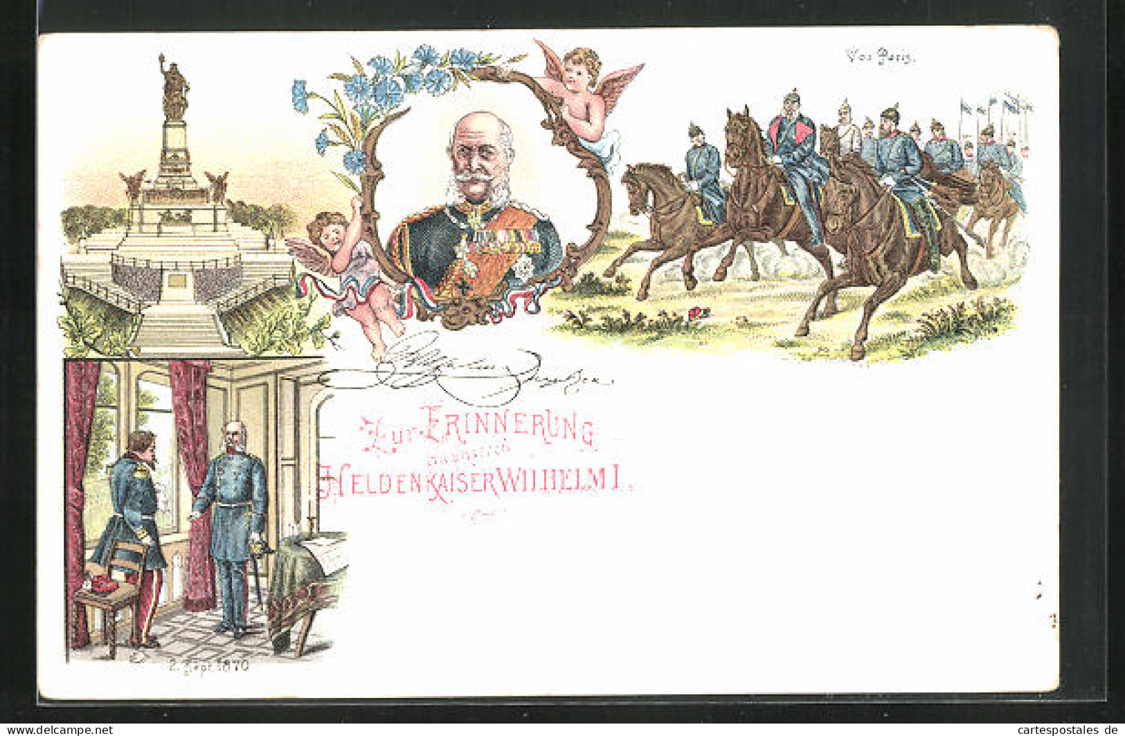 Lithographie Paris, Zur Erinnerung An Unseren Helden Kaiser Wilhelm I., Soldaten Vor Paris, Denkmal  - Royal Families