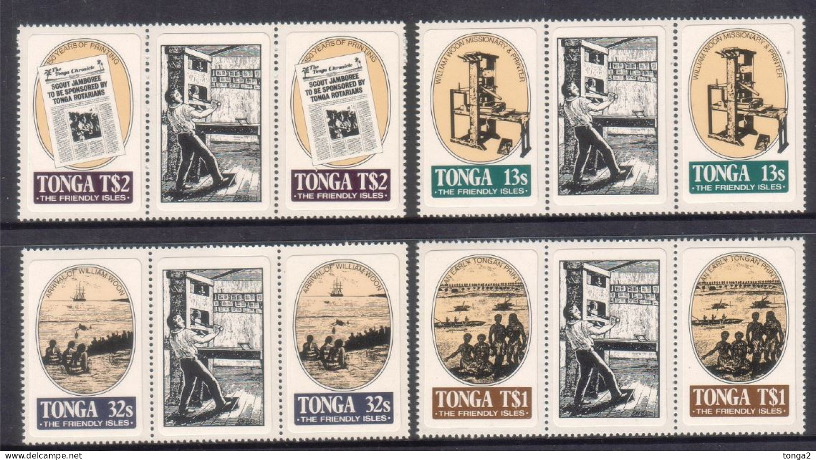Tonga 1984 William Woon Missionary Printer Set Of 4 MNH In Strips - Shows Printing Press - Tonga (1970-...)