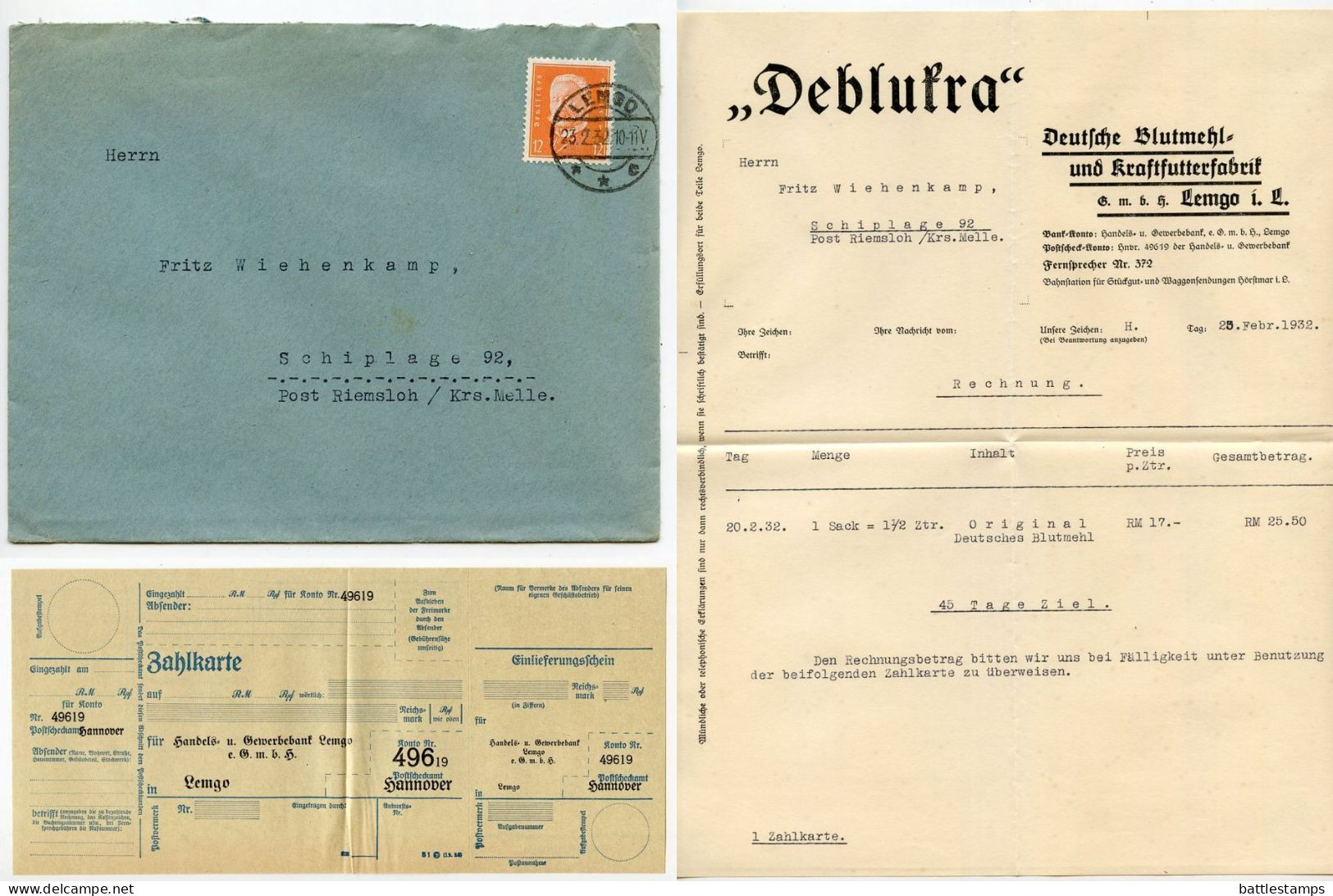 Germany 1932 Cover W/ Letter & Zahlkarte; Lemgo - „Deblukra" Deutsche Blutmehl- Und Kraftfutterfabrik;12pf. Hindenburg - Brieven En Documenten