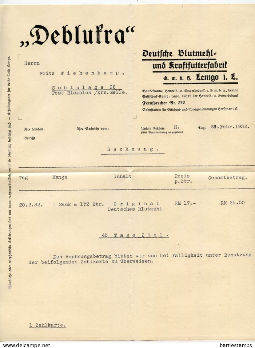 Germany 1932 Cover W/ Letter & Zahlkarte; Lemgo - „Deblukra" Deutsche Blutmehl- Und Kraftfutterfabrik;12pf. Hindenburg - Brieven En Documenten