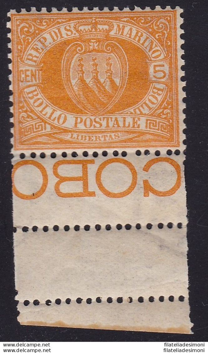 1890 SAN MARINO, N° 2  5 Cent. Giallo  MNH/** Cert. R.Diena (fotocopia) BDF - Altri & Non Classificati